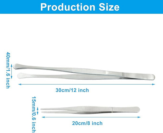 2Pcs Kitchen Tweezers Tongs, Cooking Tweezers, Chef Tweezers professional, Long Handle Food Tweezers, Stainless Steel Tweezers for Culinary, Bar, BBQ, Plating (12"Round Tip + 8"Point Tip Sets)