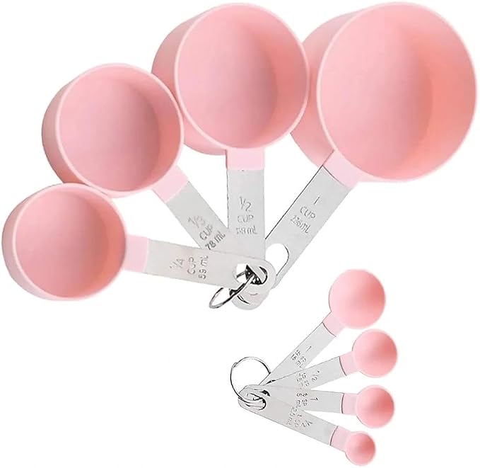 Plastic Measuring Cups Set - 8-Piece Nesting Kitchen Tools | Baking Supplies with Handles for Precise Liquid & Dry Ingredients | Essential for Home Baking, Cooking & Food Prep (Pink)