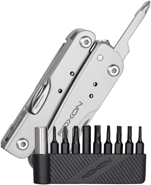 ROXON M2 14-in-1 Mini Multitool with Folding Scissors & 9pc Bits Set | Stainless steel construction. Bottle opener, screwdriver. Compact pocket tool for camping, hiking, and DIY repairs.
