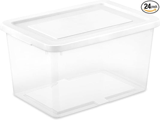 Sterilite 24 Pack Storage Boxes, Clear Plastic Stackable Containers, Lightweight Home Organizers with Snap Lids, 20 Quart, White