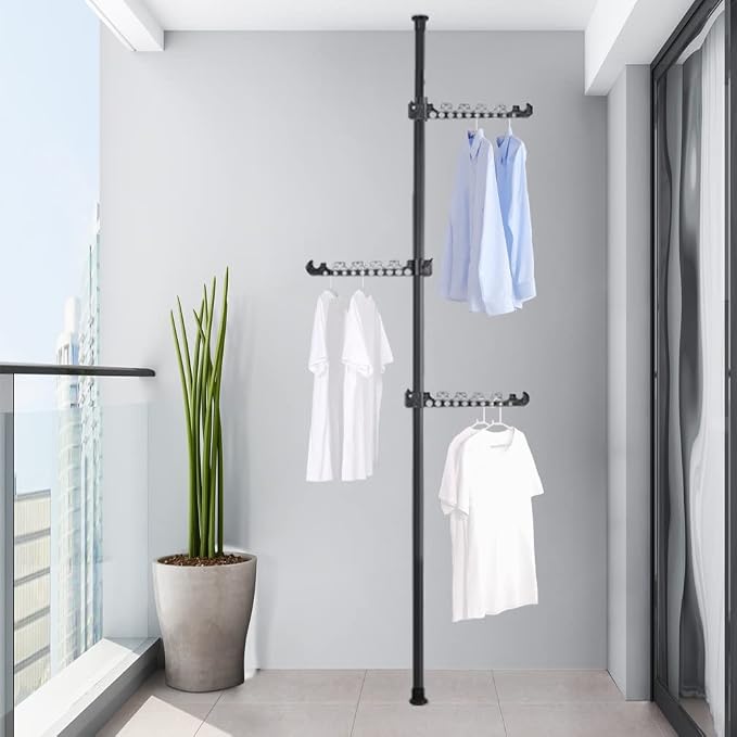Hershii Telescopic Clothing Rack for Hanging Clothes Laundry Tension Pole | 4 Tiers Coat Tree Garment Drying Stand Floor to Ceiling Corner Storage Organizer Holder for Indoor, Balcony - Black