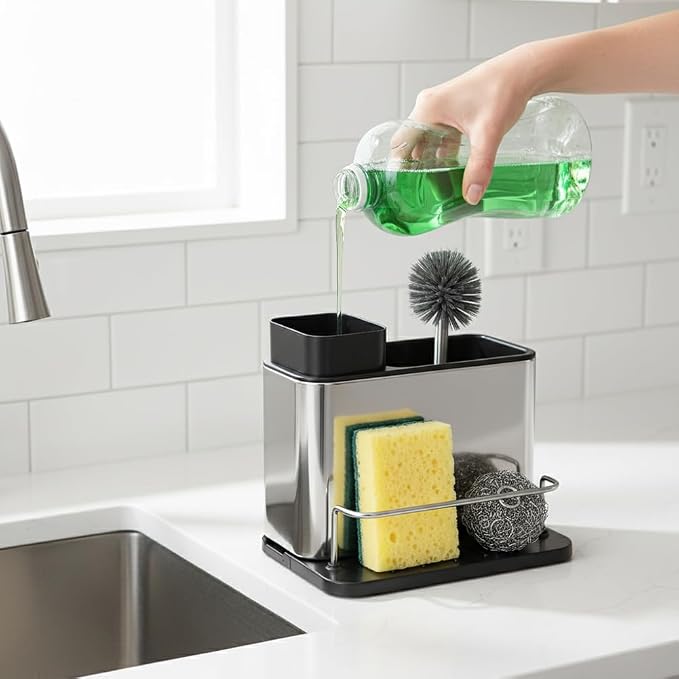 Dish Soap Dispenser, 3-in-1 Sponge Holder, Organizer Dish Soap Dispenser,Sink Caddy,Stainless Steel Dishs Brush Scrubber with Sponge Holder(Color:Black)