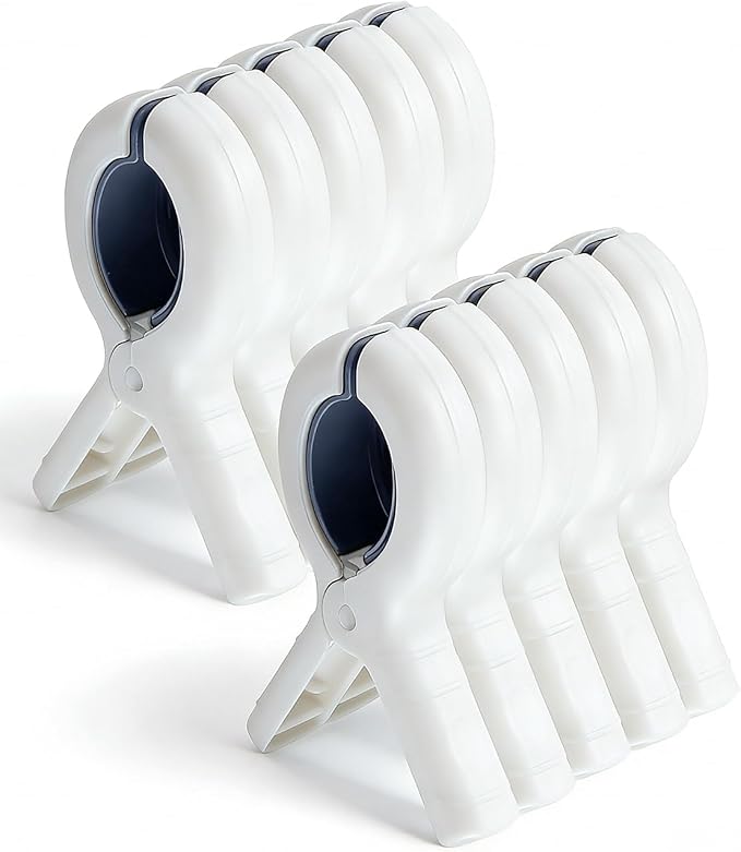 10 Pack Beach Towel Clips Heavy Duty Large Beach Essentials Chair Pool Clip | White Clips with Strong Grip, Silicone Protection, Rust Resistant Spring, Multi-Use for Beach, Boat, Cruise & Outdoors