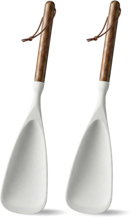 Silicone Spatula Cooking Spoon 2 Pcs with Wood Handle Great for Cooking and Serving Sturdy BPA-Free Matte Silicone Suitable for Mixing and Scrape (White)
