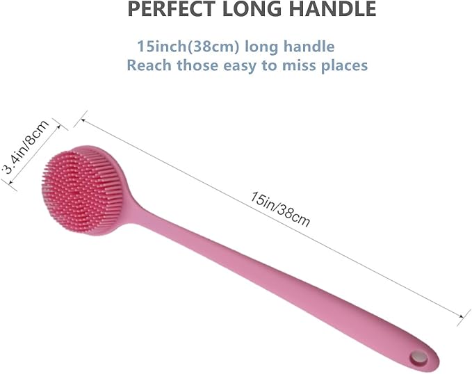 Long Handle Silicone Body Scrubber for Shower, Dual-Sided Back Scrubber Brush with Soft Bristles&Massage Nodes, Exfoliating Bath Brush for Hard to Reach Areas, Easy to Clean & Quick Dry, for Daily Use