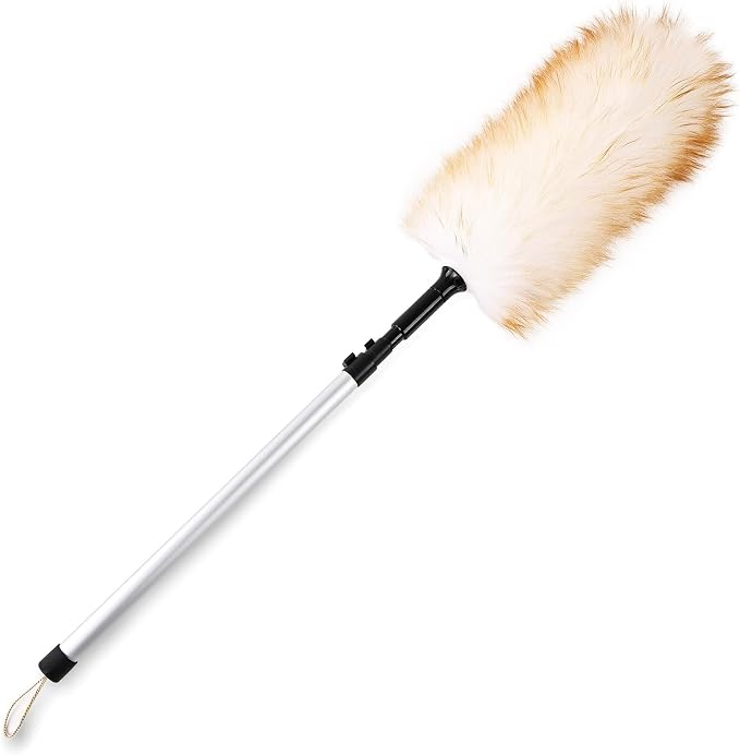 Lambswool Duster Extendable 31-55 Inch, Natural Electrostatic Feather Duster for Cleaning with Aluminum Extension Pole Reusable for High Ceilings, Fans, Blinds, Furniture, Interior & Roof Dusting
