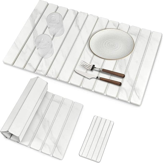2 PCS Extra Large Stone Dish Drying Mat for Kitchen Counter, Foldable Quick Drying Dish Mats, Super Absorbent Drying Pad, Kitchen Counter Mats for Cups, Dishes, Bottles (White Marble 28"×16" & 8"x4")