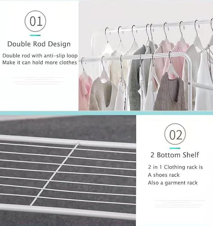Clothing Garment Rack with Shelves, Upgraded Length Cloth Hanger Rack Stand on Wheels, Clothes Drying Rack with Two Rod(31.5inch White)