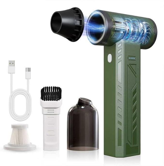 Compressed Air Duster 480000RPM Electric Air Duster Variable Speed 580G 4 Gear Adjustable Rechargeable Cordless Jet Dry Blower Turbo Fan Dryer Air Blower Mini Car Vacuum Cleaner Army Green
