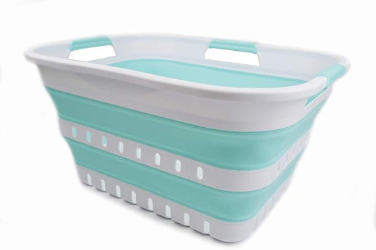 SAMMART 30L (8 Gallon) Collapsible 3 Handled Plastic Laundry Basket - Foldable Pop Up Storage Container/Organizer - Space Saving Hamper/Basket (White/Lake Green)