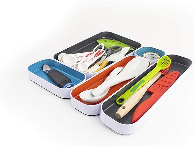 Three by Three Seattle Metal Drawer Organizer Tray Set, 5-Pc, 1" (Gray Mix) | Colorful 1" metal bins; food-safe; soft non-scratch base; kitchen, bathroom, vanity, desk & office drawers
