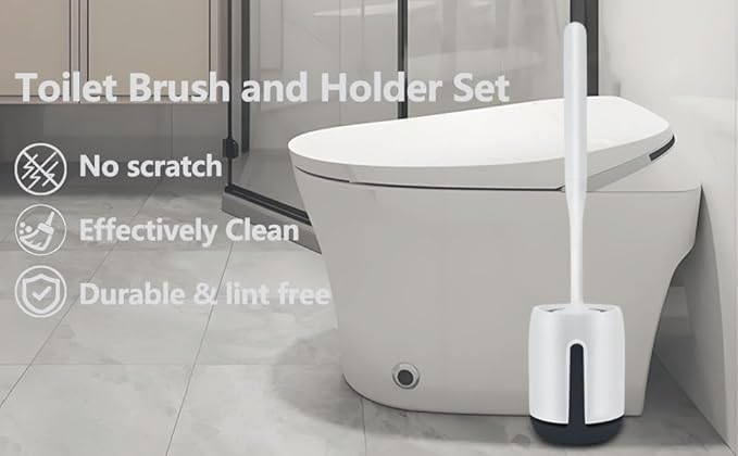 Silicone Toilet Brush Set for Bathroom Cleaner Brush Set,Non-Slip Handle with TPR Soft Bristle,Wall Mounted/Floor Standing,Toilet Scrubber Brush White and Turbo Drying