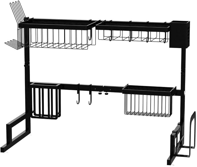 Adjustable Over The Sink Dish Drying Rack 2 Tier (25.6‘’-33.5‘’) | Length adjustable 2-tier, auto drainage, rustproof steel, includes racks/hooks, space saving, for kitchen sink