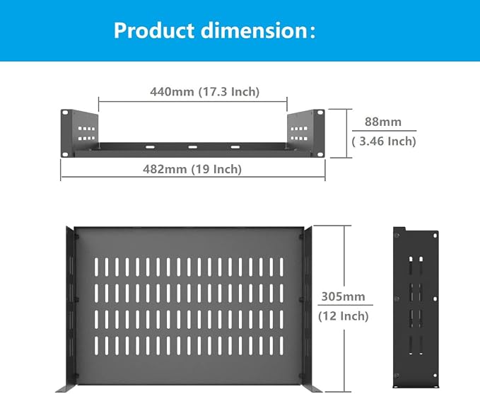 2U 19" Universal Vented Rack Mount Cantilever Server Shelf | 12 Inch Deep-Disassembled Black (2U12InD)