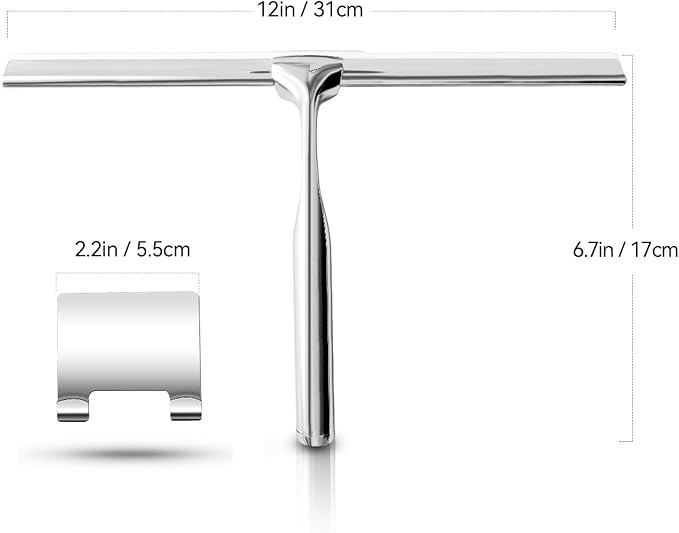 Shower Squeegees Stainless Steel with Self Adhesive Hook Window Squeegees for Shower Doors Bathroom Mirror Wiper, Window Glass Cleaning