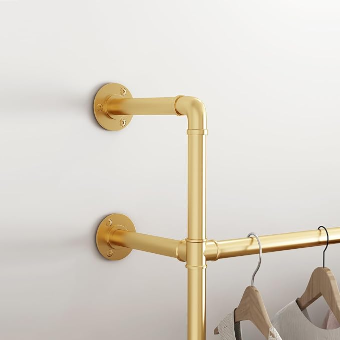 ORSENIGO Industrial Pipe Clothing Rack, Heavy Duty Metal Clothes Rack with Double Rods for Hanging Clothes, Wall Mount Space-Saving Garment Display Rack (Double, Gold)