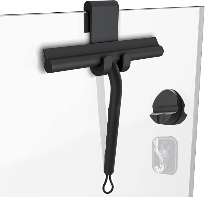 Squeegee for Shower Glass Doors, Resilient Loop - No-Drill & Adhesive Hook, Silicone Shower Squeegee with Stainless Steel Core, Cleaning Tool for Home, Kitchen, Bathroom & Car - Black