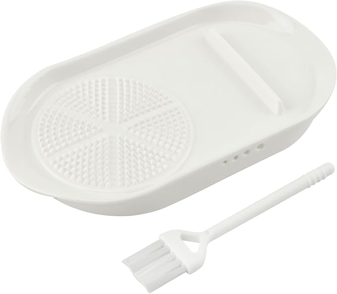 4-in-1 Ceramic Garlic Grater Plate with Egg Cracker, Herb Stripper, Spoon Rest, Garlic Ginger Grater for Vegetables Fruits Eggs, Food Brush Included