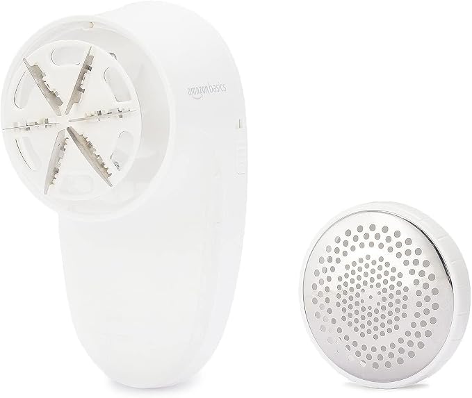 Amazon Basics Battery Operated Fabric Shaver for Clothes, Remove Pilling, Lint and Fuzz Removal, 6-Leaf Blades with Safety Lock, Portable, Includes 2 Spare Blades, White