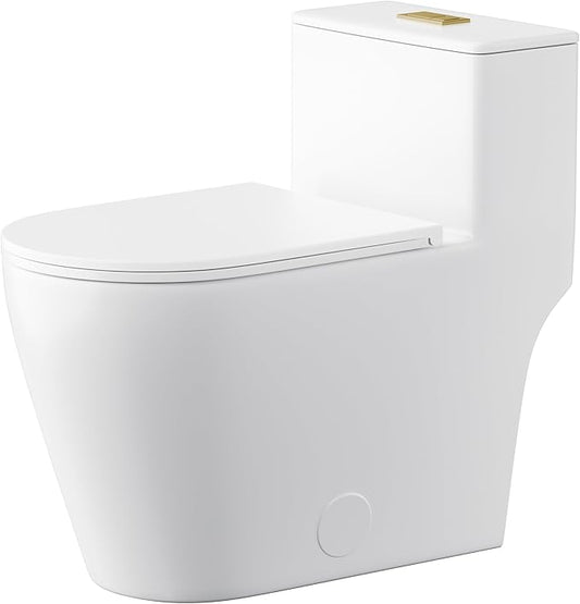 Casta Diva Elongated One Piece Toilet with 17" ADA Comfort Chair Height Seat Compact Toilet for Bathroom Dual Flush 1.1/1.6GPF, 12'' Rough-in, Dual Flush Toilet Button Golden