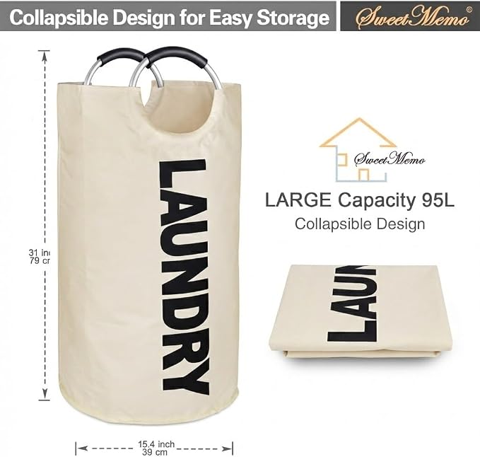 Large Laundry Basket, Laundry Hamper Bag with Handles, 95L, White | Freestanding Tall Dirty Clothes Hamper, Collapsible and Portable Laundry Bin for Dorms and Bedrooms, Thick, Sturdy Fabric