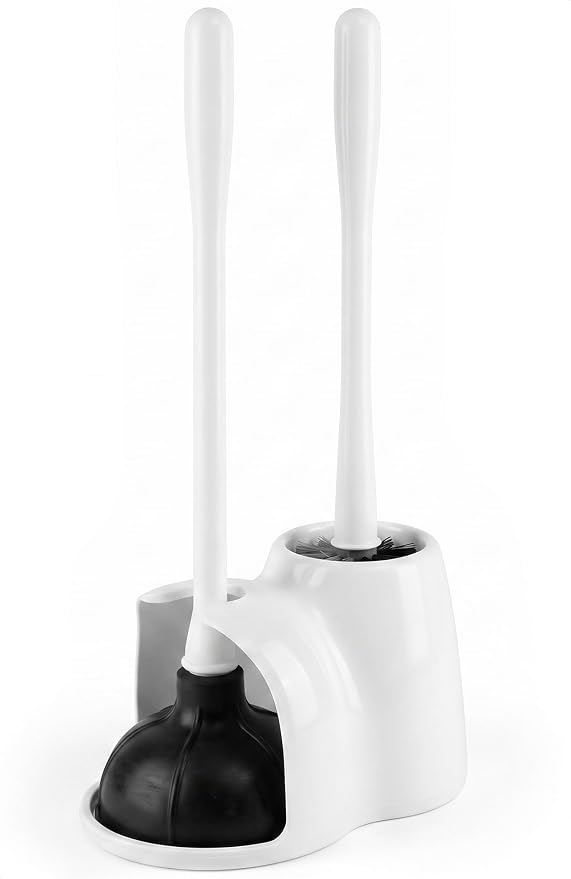 15.2" Toilet Brush and Plunger Set with Holder, Nylon Bristles, (White) | Toilet Bowl Brush, Holder and Plunger, Easy to Place and Simple to Store After Use, Compact Accessory for Small Spaces