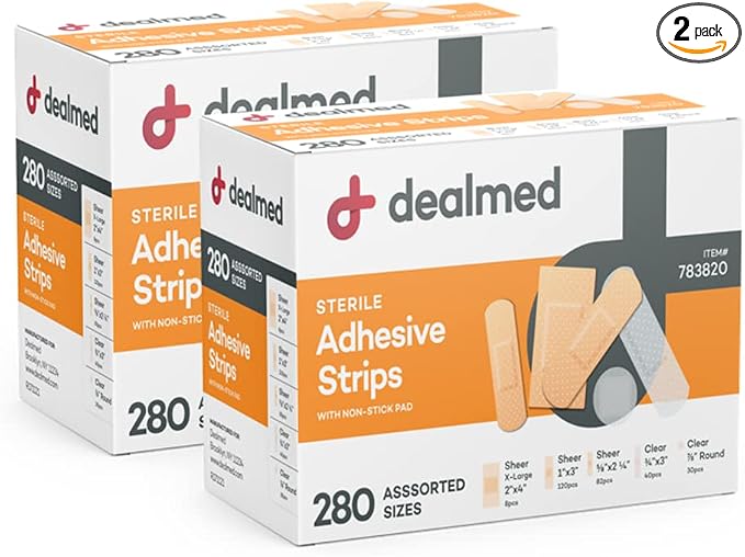 Dealmed Adhesive Bandages Variety Pack - Sterile - 560 Count (2 Pack) | Polyester Fabric, Non Stick Pad, Individually Wrapped, Flexible Strips, For Minor Cuts Scrapes, Skin Application
