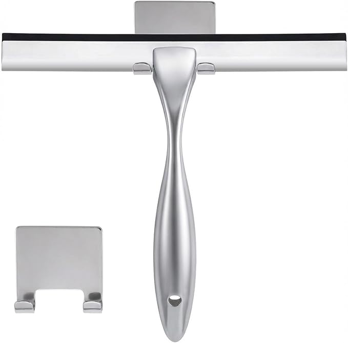 NETANY Shower Squeegee, 10-Inch Silver Squeegee, All-Purpose Stainless Steel Squeegee for Bathroom, Shower Doors, Mirrors, Tiles and Car Windows - 100% Streak Free