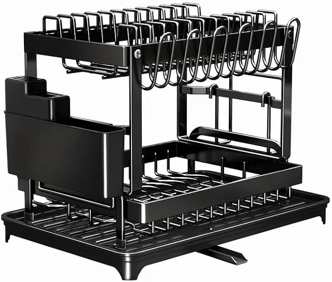 2 Tier Dish Drying Rack Stainless Steel with Auto Drainboard 360° Swivel Spout Large Capacity Kitchen Counter Organizer with Utensil Holder Cup Rack Knife Block Space Saving Black