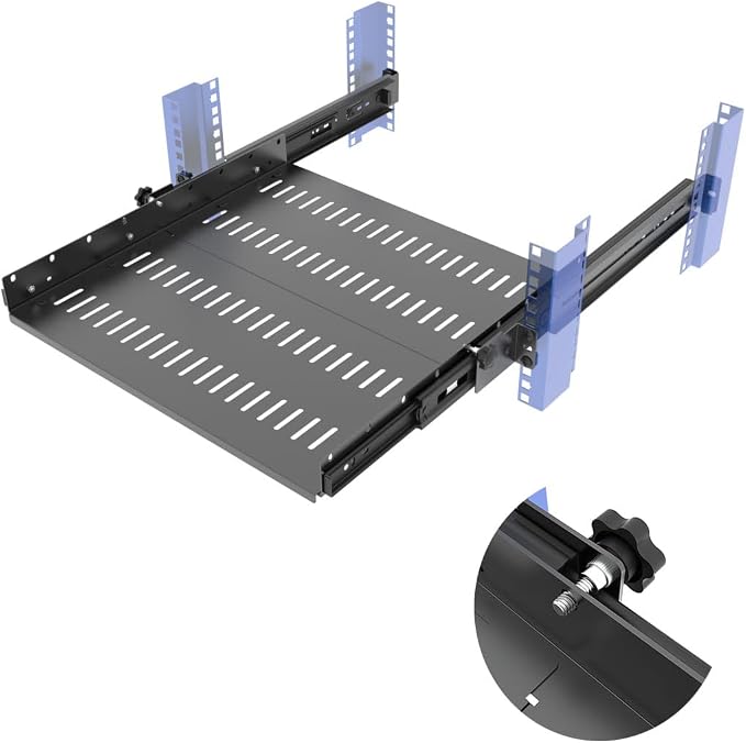 1U 19 inch Sliding 4-Post Vented Rack Mount Tray 14.6-22.3" D | Server Rack Shelf 16-20" Deep with Adjustable Mounting Deep 14.6"-22.3" for 19" Network Rack and Cabinet,Unassembled
