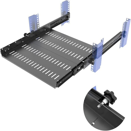 1U 19 inch Sliding 4-Post Vented Rack Mount Tray 14.6-22.3" D | Server Rack Shelf 16-20" Deep with Adjustable Mounting Deep 14.6"-22.3" for 19" Network Rack and Cabinet,Unassembled