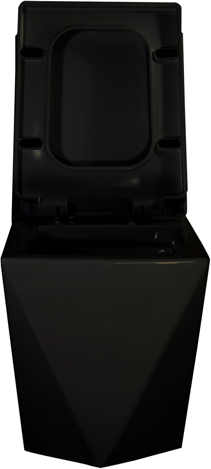 WinZo Square One Piece Toilet Black With Gold Button For Modern Bathroom,Diamond-shaped Sleek Design Elonagted Rectangle 17" Comfort Bowl,Glossy Black
