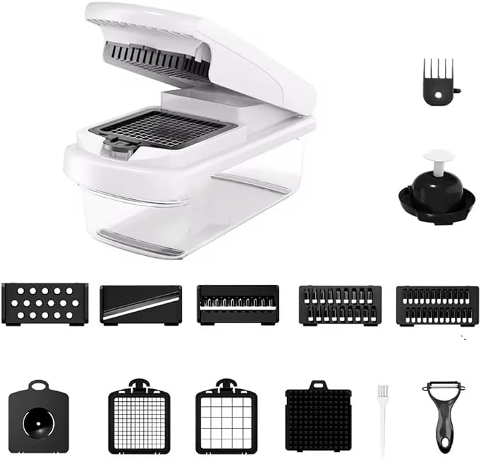 11-in-1 Vegetable Chopper with 8 Blades – Multifunctional Food Chopper & Mandoline Slicer, Onion Dicer, Potato & Carrot Cutter with Container, Kitchen Gadget (White/Black)