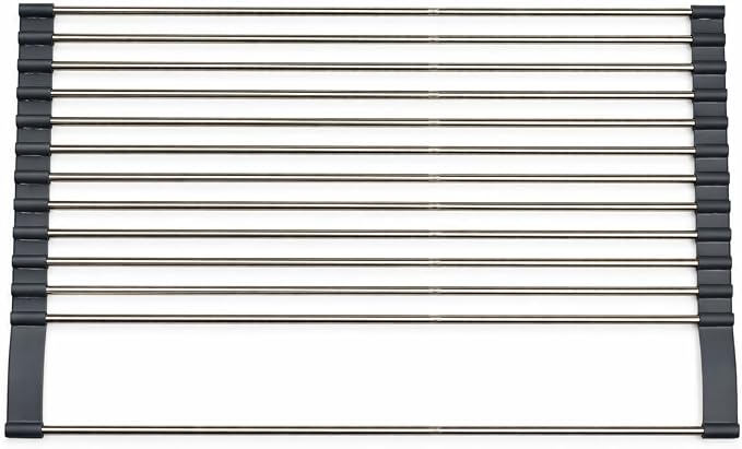 Expandable 304 Stainless Steel Roll Up Dish Drying Rack Over the Sink, Foldable Kichen Sink Drainer, Heat Resistant Space Saving Design
