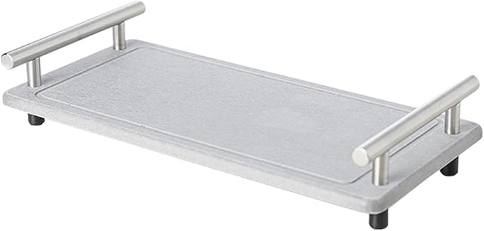 Generic Instant Dry Sink Caddy Organizer, Diatomaceous Earth Bathroom Organizer with Handle Water Absorbing Stone Tray for Sink, Water Absorbent Diatomite Coasters (L Gray Silver Handle)