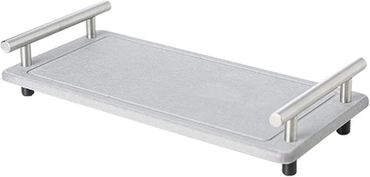 Generic Instant Dry Sink Caddy Organizer, Diatomaceous Earth Bathroom Organizer with Handle Water Absorbing Stone Tray for Sink, Water Absorbent Diatomite Coasters (L Gray Silver Handle)