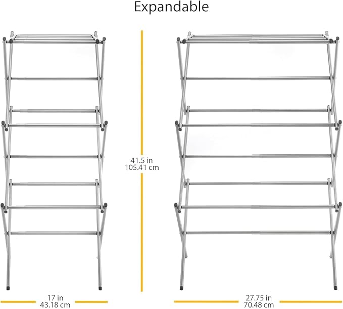 Whitmor Foldable Clothes Drying Rack: 3 Tier Laundry Drying Rack, Collapsible Drying Rack Clothing, Portable Space Saving Clothing Rack for Indoor Outdoor, 17" D x 27.8" W x 41.5" H, Carbon Steel