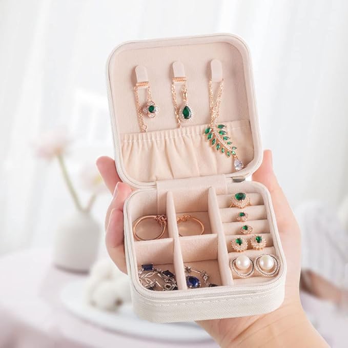 ZPROW Travel Jewelry Case, Mini Portable Jewelry Travel Boxes, Small Jewelry Organizer for Rings, Earrings, Pendants, Watches, Necklaces, Lipsticks Organizer Storage Holder Case (White)