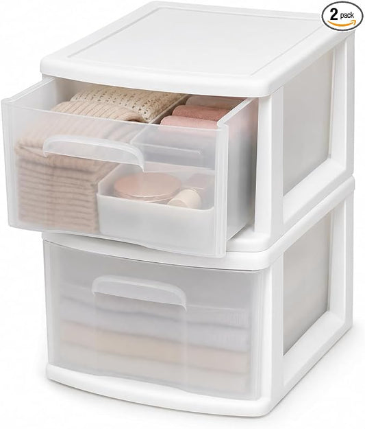 HOMZ 1 Drawer Storage Cart, Medium Plastic Container, White Frame, 2 Pack | 14.25" Wide Medium Tote with 1 Clear Drawer for Organizing Bathrooms, Bedrooms, Home Offices, Closets, and Dorm Rooms