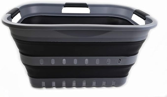 SAMMART 30L (8 Gallon) Collapsible 3 Handled Plastic Laundry Basket - Foldable Pop Up Storage Container/Organizer - Space Saving Hamper/Basket (Grey/Black)
