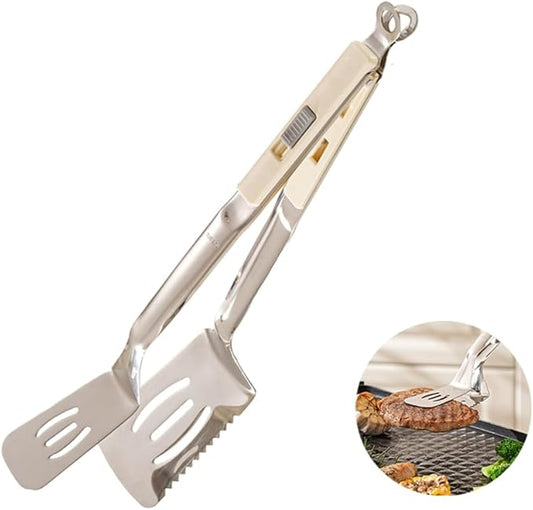 13.5-inch grill spatula cooking tongs, made of Premium 304 stainless steel, can be used to flip and cut food, making them the ideal outdoor gift for barbecue enthusiasts.(White)