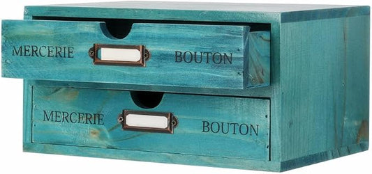 Small Wooden Drawers Wooden Box with Drawer Blue | 2 Drawer Storage Box for Apothecary Cabinet, Apothecary Drawers，Desktop Organizer with Metal Handles for Office，Home