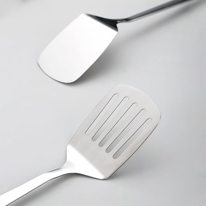 Kyraton Stainless Steel Spatulas Set, Silver Slotted Turner, Solid Turner, Kitchen Spatulas for Nonstick Cookware, Dishwasher Safe, Easy to Clean
