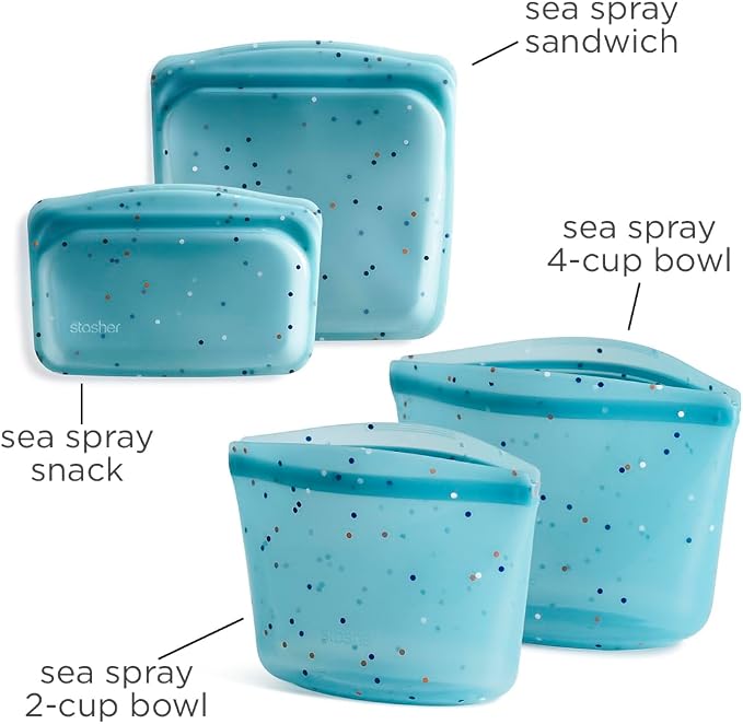 Stasher Premium Reusable Silicone Food Storage Bags, 4-Pack, Sea Spray | Food-Safe Silicone, BPA-Free, Leak-Free, Eco-Friendly, Dishwasher, Lunch Bag, Travel Containers, Meal Prep, Lunch, Travel