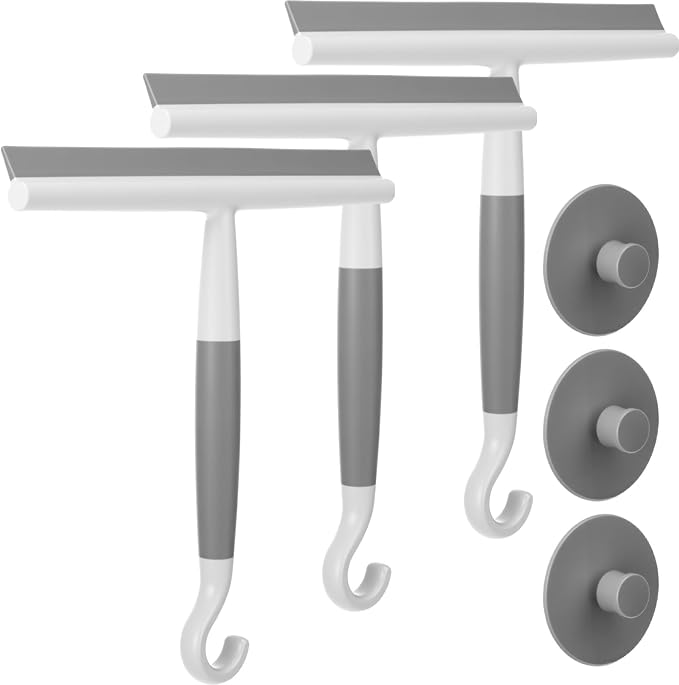 Domensi 3 Pack Silicone Shower Squeegee for Glass Doors with Hook & Suction Cup 8.7" Bathroom Window Squeegee Glass Wiper Streak Free for Bathroom Shower Doors, Mirrors, Car Windows & Kitchen Counters