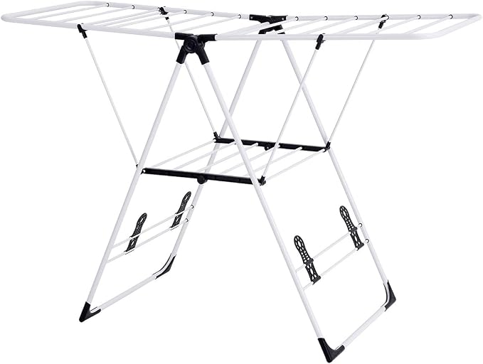 GOFLAME Steel Clothes Drying Rack with Adjustable Wings, Foldable Gullwing Collapsible Laundry Drying Rack with Shoe Holder and Shelves, Space Saving Drying Rack for Underwear, Socks, Pants