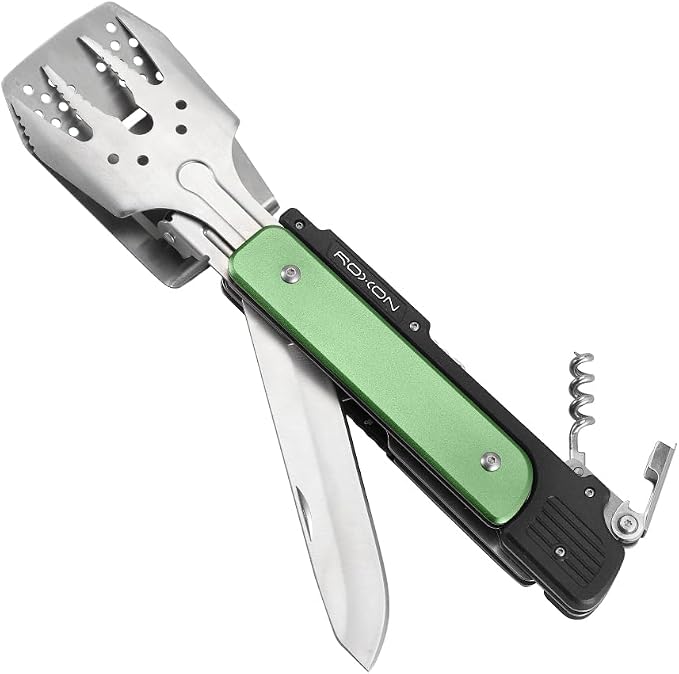 ROXON S601 6-in-1 Folding Grill Tool Set,14" BBQ Utensils for Camping Green | Includes Fork, Spatula, Knife, Tongs, Bottle Opener & Corkscrew. LFGB Certified, Dishwasher-Safe, Portable for Outdoor BBQ