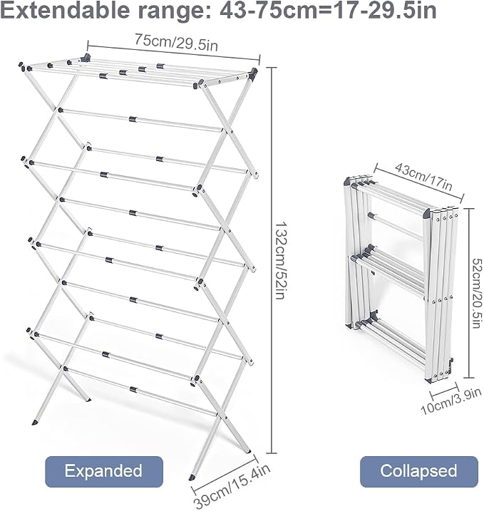4-Tier Foldable Clothes Drying Rack 15" D x 29" W x 52" H - White | Portable Extendable Laundry Drying Rack for Indoor Air Drying Clothing with 4 Hangers