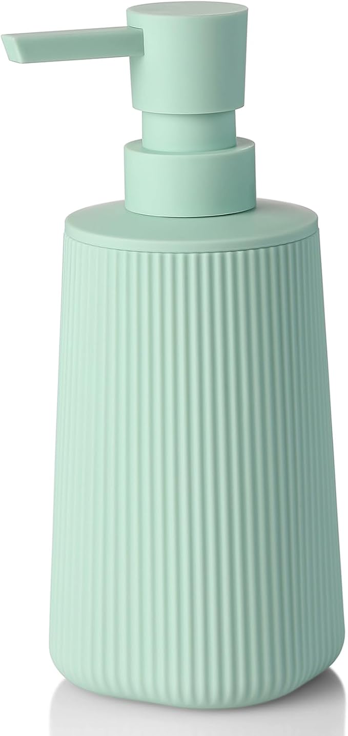 YAUKPH Small Soap Dispenser for Bathroom and Kitchen Matte Light Green | Modern Farmhouse Striped Style Plastic Hand Soap Dish Soap Dispenser with Pump