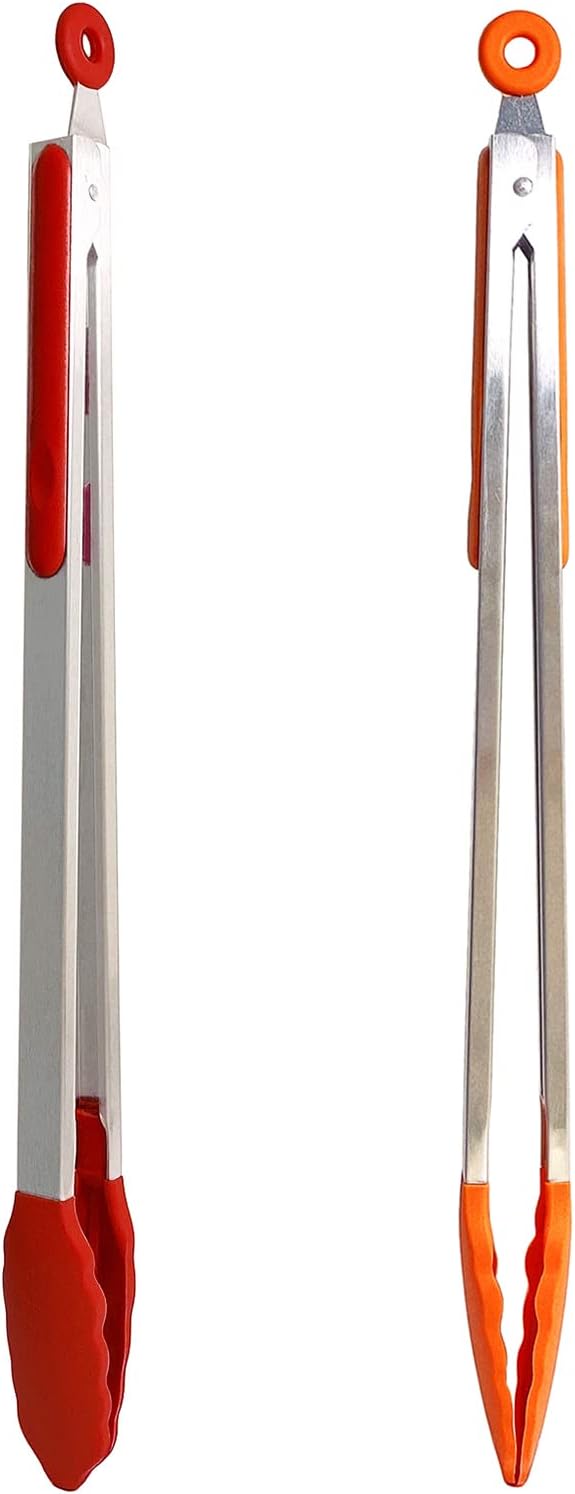 18 inch Extra Long Grill Tongs (1 orange + 1 red), with Silicone Tip Head, Stainless Steel Barbecue Tongs with Long Handle, Large Sized Food Tong, Extended Serving Tong